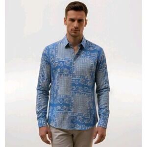 Kiton Shirt Mens XXL Blue Floral Print‎ Italian Luxury Abstract Bold Resort New